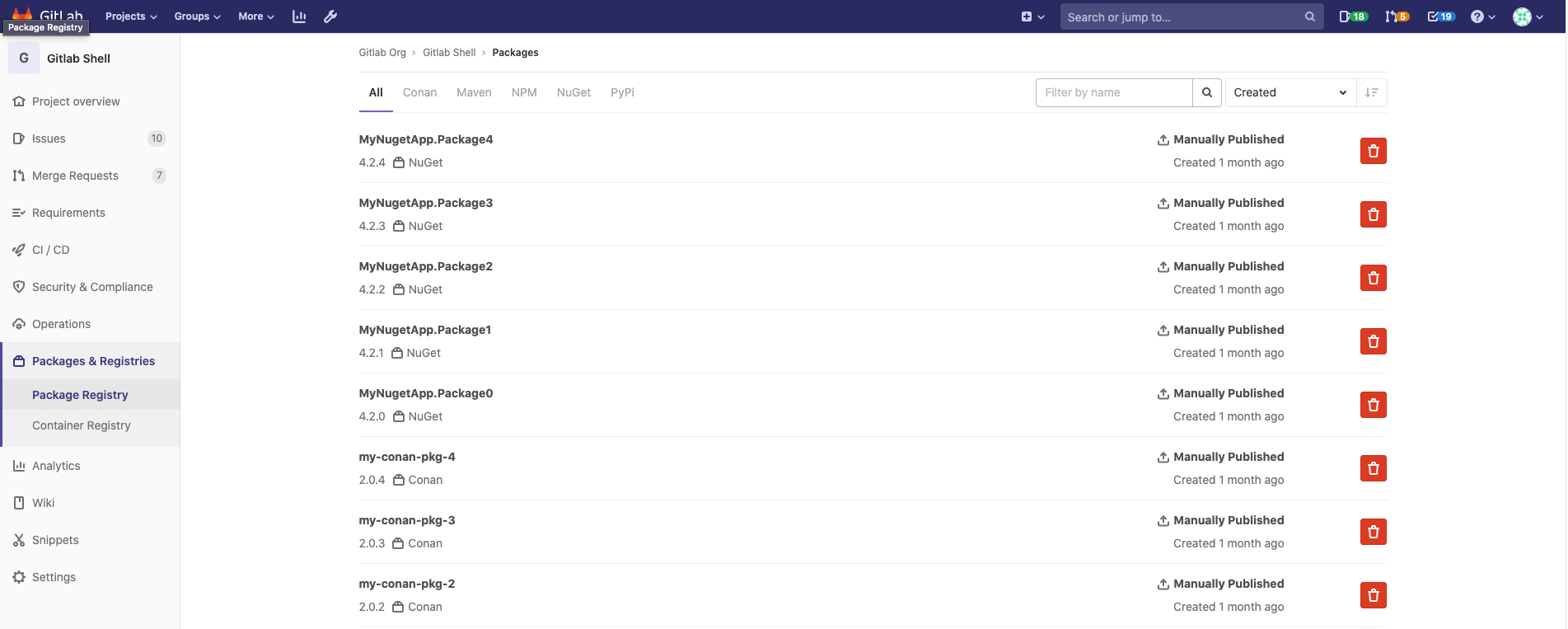 Project Packages list