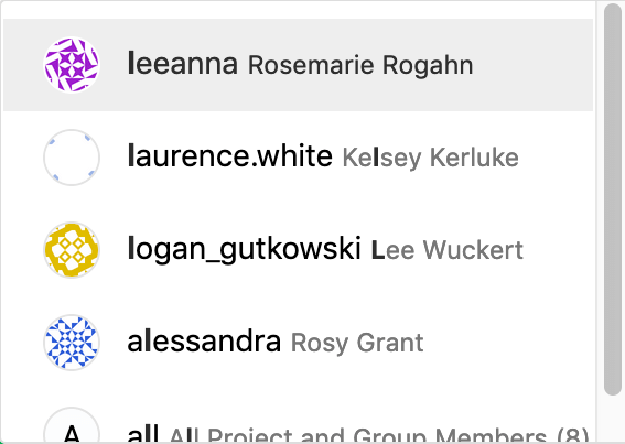 Popup list which includes users whose username or name contains the letter